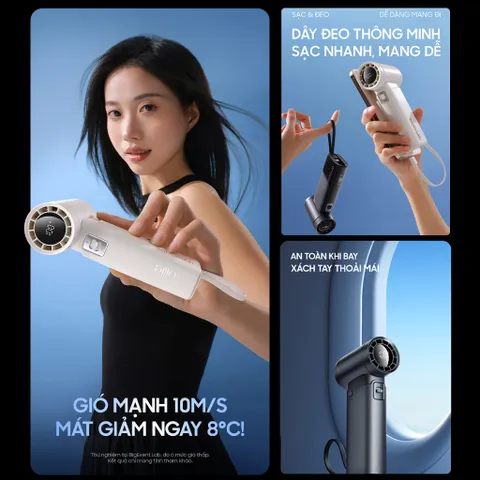 Quạt Cầm Tay Mini 3in1 Ollie - Tích Hợp Sạc Dự Phòng 9000mAh, 100 Cấp Độ Gió, Hoạt Động 50 Giờ - Quạt Tích Điện Thông Minh