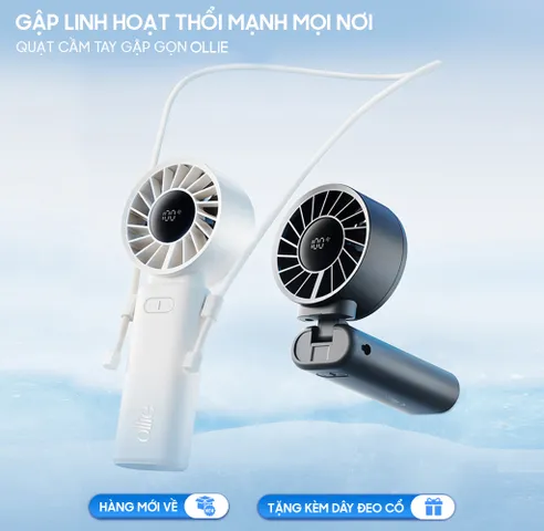 Quạt Cầm Tay Mini Gấp Gọn Ollie - Quạt Tích Điện Pin 3600mAh, 100 Tốc Độ Gió Cao, LED Hiển Thị, Tiện Lợi Đeo Cổ, Sử Dụng Đa Năng