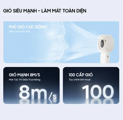 Quạt Cầm Tay Mini Gấp Gọn Ollie - Quạt Tích Điện Pin 3600mAh, 100 Tốc Độ Gió Cao, LED Hiển Thị, Tiện Lợi Đeo Cổ, Sử Dụng Đa Năng