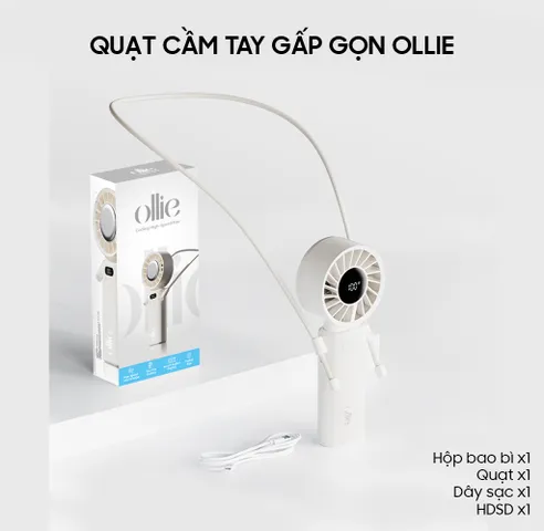 Quạt Cầm Tay Mini Gấp Gọn Ollie - Quạt Tích Điện Pin 3600mAh, 100 Tốc Độ Gió Cao, LED Hiển Thị, Tiện Lợi Đeo Cổ, Sử Dụng Đa Năng