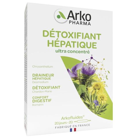Nước uống giải độc gan Arkopharma Arkofluides Detoxifiant Hepatique - Hỗ trợ làm đẹp da, 250g, 20 ống tiện lợi