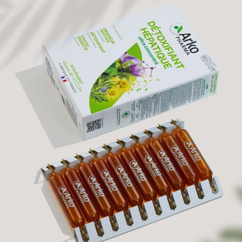 Nước uống giải độc gan Arkopharma Arkofluides Detoxifiant Hepatique - Hỗ trợ làm đẹp da, 250g, 20 ống tiện lợi