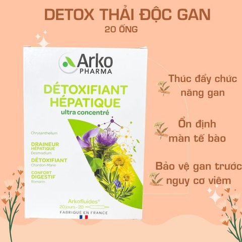Nước uống giải độc gan Arkopharma Arkofluides Detoxifiant Hepatique - Hỗ trợ làm đẹp da, 250g, 20 ống tiện lợi