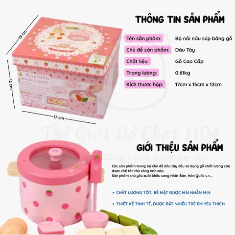 Bộ đồ chơi nồi nấu súp bằng gỗ họa tiết dâu tây cho bé, đồ chơi phát triển trí tuệ sớm