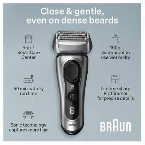 Máy Cạo Râu Braun Series 8 Thông Minh - Đầu Cạo Xoay 8 Hướng, Công Nghệ SyncroSonic, Sạc Tự Động, Sản Xuất Tại Đức