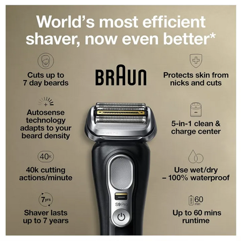Máy Cạo Râu Điện Braun Series 9 Pro 9460CC, 5 Lưỡi Cắt, Công Nghệ AI Sóng Âm, Trạm Vệ Sinh 5 Trong 1 - Hàng Chính Hãng Đức