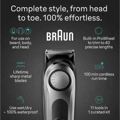 Tông Đơ Cắt Tóc Đa Năng Braun 11-in-1 - 40 Cài Đặt Độ Dài, Chăm Sóc Râu, Cơ Thể và Tóc Chính Xác, Pin Li-Ion 100 Phút