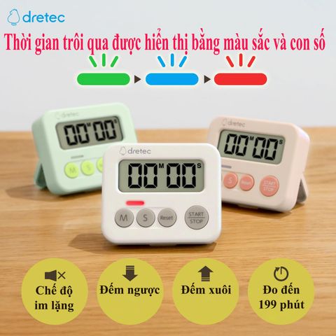 Đồng Hồ Bấm Giờ Đếm Ngược Dretec Nhật Bản - Thiết Kế Nhỏ Gọn Có Đèn Báo, Nam Châm Mạnh, Dùng Cho Nấu Ăn, Học Tập, Thể Thao