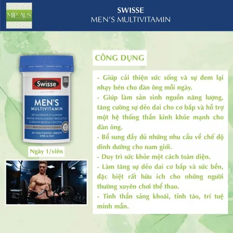 Viên Uống Vitamin Tổng Hợp Swisse Men’s Ultivite Cho Nam Nữ - 60 Viên, Tăng Cường Năng Lượng, Hỗ Trợ Sức Khỏe Toàn Diện