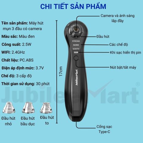 Máy Hút Mụn Đầu Đen Tích Hợp Camera Jubilee Mart - Hút Mụn Cầm Tay 3 Đầu Soi Da Chuyên Nghiệp, Làm Sạch Mụn Nhờn Hiệu Quả