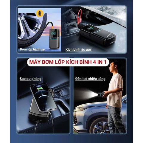Bơm Lốp Ô Tô Jubilee Mart 4 Trong 1 - Máy Bơm Đo Áp Suất Lốp 80W, Đèn LED, Sạc Điện Thoại, Kích Bình Xe Khẩn Cấp
