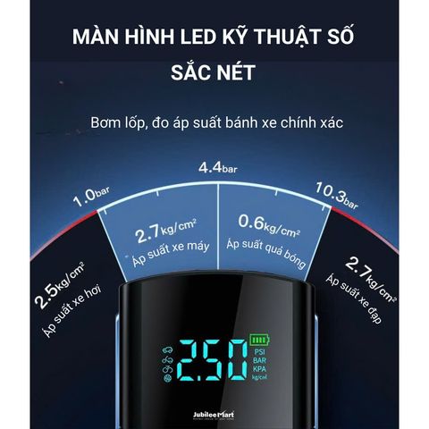 Bơm Lốp Ô Tô Jubilee Mart 4 Trong 1 - Máy Bơm Đo Áp Suất Lốp 80W, Đèn LED, Sạc Điện Thoại, Kích Bình Xe Khẩn Cấp
