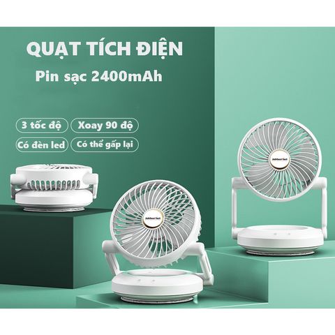 {BH 2 NĂM} Quạt Tích Điện Mini Jubilee Mart Có Đèn LED, 3 Chế độ Gió Xoay 90 độ Sử Dụng Lên Đến 8h