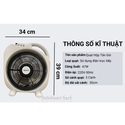 Quạt Hộp Tản Gió Jubilee Mart - Quạt Điện 3 Tốc Độ 47W, Thiết Kế Tiết Kiệm Không Gian, Hoạt Động Êm Ái, Bảo Hành 2 Năm