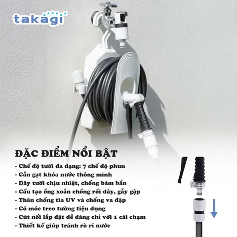 Bộ Cuộn Vòi Tưới Cây Treo Tường 15m Takagi R115CG - Tiết Kiệm Nước, 7 Chế Độ Phun, Dễ Dàng Sử Dụng Cho Khu Vườn Xanh Tươi