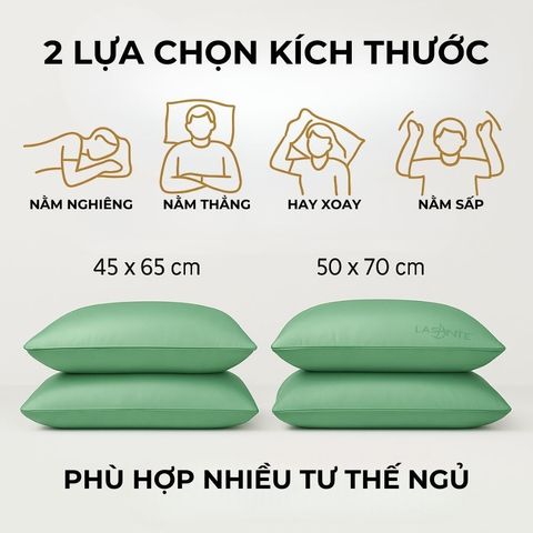 Gối Ngủ Cao Cấp Lasante Green Pearl – Bông Lông Vũ Mềm Mại, Không Xẹp, Kích Thước Lớn 45x65cm và 50x70cm, Chất Liệu Tự Nhiên