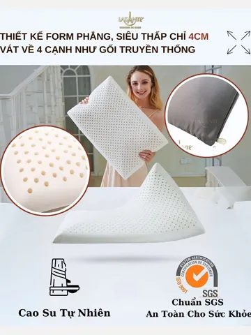 Gối Cao Su Thấp 4 Cm Siêu Mỏng Form Phẳng Truyền Thống Lasante Cho Người Nằm Gối Thấp