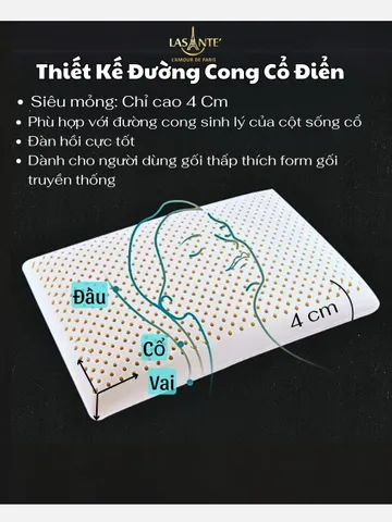 Gối Cao Su Thấp 4 Cm Siêu Mỏng Form Phẳng Truyền Thống Lasante Cho Người Nằm Gối Thấp