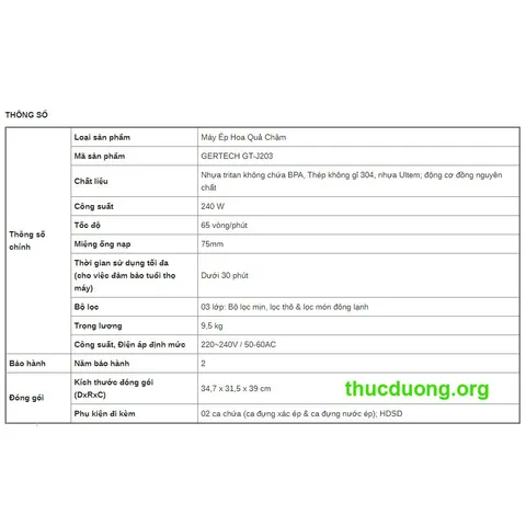 Máy Ép Hoa Quả Chậm GT-J203 Bà Loan - Công Nghệ Tốc Độ Thấp, Bộ Lọc Đa Năng, Tiết Kiệm Điện, Chất Liệu Nhựa Tritan Không BPA