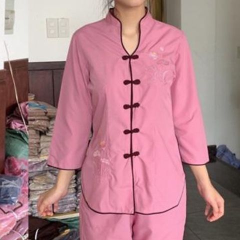 Áo Lam Đi Chùa Cổ Tàu Viền Đen Thêu Hoa Sen - Trang Phục Lễ Thanh Lịch, Chất Liệu Vải Kate Cao Cấp, Phù Hợp Mọi Kích Cỡ