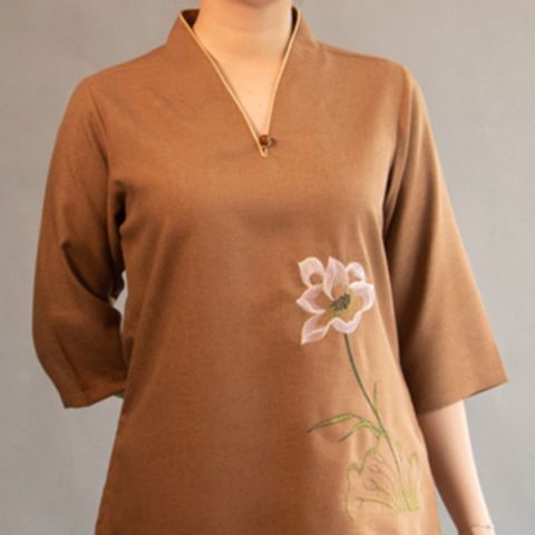 Bộ áo phật tử nữ cổ liền 1 nút vải linen Hàn Quốc - Trang phục truyền thống thoải mái cho phật tử, lý tưởng cho các lễ hội và hoạt động tại chùa