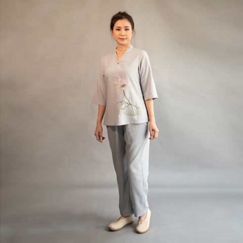 Bộ áo phật tử nữ cổ liền 1 nút vải linen Hàn Quốc - Trang phục truyền thống thoải mái cho phật tử, lý tưởng cho các lễ hội và hoạt động tại chùa
