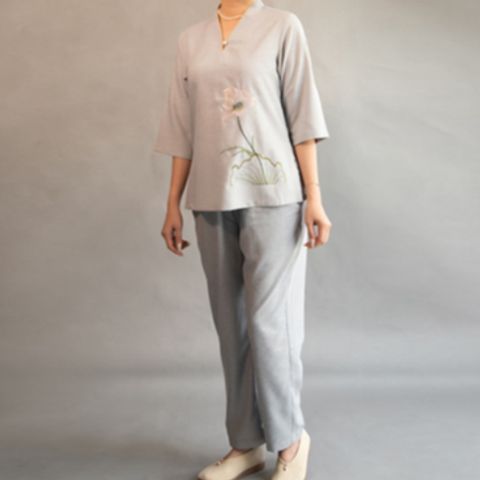 Bộ áo phật tử nữ cổ liền 1 nút vải linen Hàn Quốc - Trang phục truyền thống thoải mái cho phật tử, lý tưởng cho các lễ hội và hoạt động tại chùa