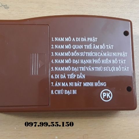 Máy niệm Phật 8 bài gồm có Chú Đại Bi, Nam Mô A Di Đà Phật, Nam Mô Quan Thế Âm Bồ Tát
