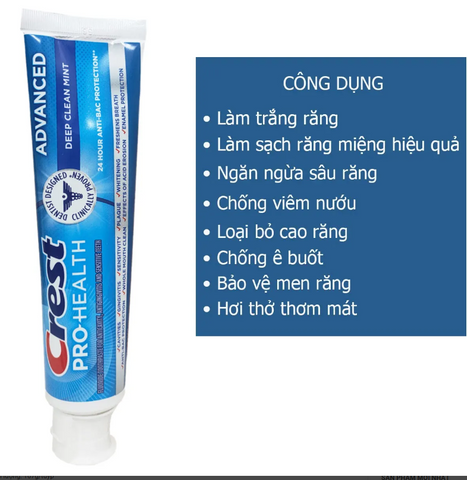 Kem đánh răng 3D Crest Pro Heath 167G - Làm trắng răng hiệu quả, ngăn ngừa sâu răng, bảo vệ men răng, hơi thở thơm mát