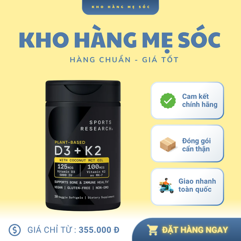 Viên Uống Bổ Sung Vitamin D3+K2 5000IU Thực Vật - Hỗ Trợ Xương Khớp, Tim Mạch & Miễn Dịch - Không Gluten