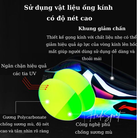 Kính bơi tráng gương LI-NING UV chống nước, chống sương mù - Bộ sản phẩm hoàn chỉnh với bịt tai và cầu mũi LXJR222