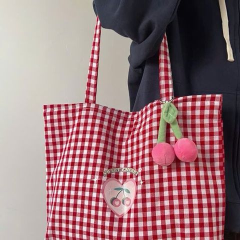 Túi Tote Nữ Caro Đỏ Họa Tiết Cherry - Túi Vải Đựng Sách Thời Trang Eco-Friendly cho Phái Đẹp