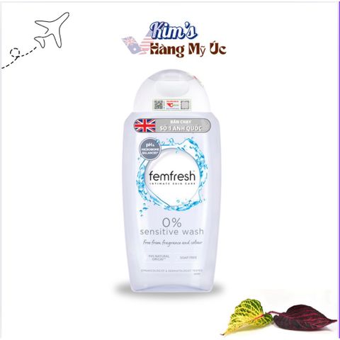 Dung dịch vệ sinh phụ nữ Femfresh 0% Sensitive Wash 250ml - Sạch sẽ, nhẹ nhàng cho da nhạy cảm, phù hợp cho mẹ bầu và sau sinh