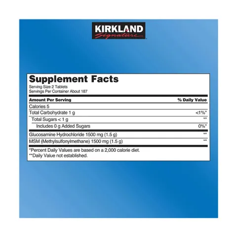 Viên uống bổ khớp Kirkland Signature Glucosamine HCL & MSM 1500mg - Hỗ trợ sức khỏe xương khớp, 375 viên Mỹ
