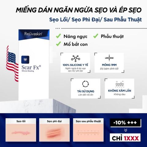 Miếng Dán Xóa Sẹo Lồi REJUVASKIN Scar FX 3.75x7.5cm - Chăm Sóc Da Chất Lượng Cao, Ngăn Ngừa Sẹo Sau Phẫu Thuật, Đảm Bảo An Toàn