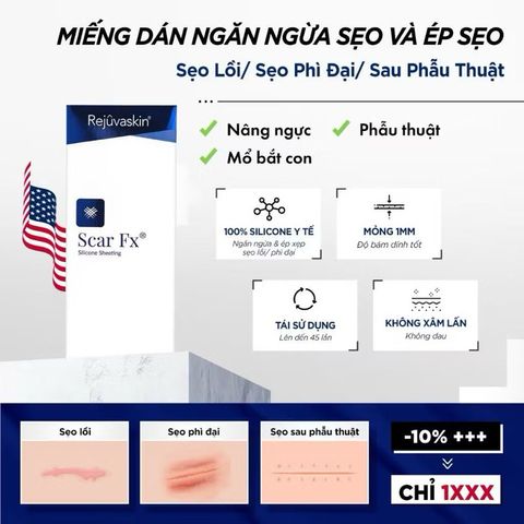Miếng Dán Xóa Sẹo Lồi/Phì Đại Rejuvaskin Scar FX 10x20cm - Silicone Y Tế Hỗ Trợ Làm Mờ Sẹo, An Toàn Cho Mọi Loại Da