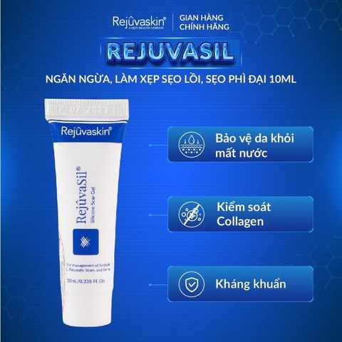 Bộ sản phẩm Rejuvaskin chống sẹo và làm mờ sẹo - Gel Rejuvasil 10ml và miếng dán Scar FX 5x10cm, giúp cải thiện tình trạng da sẹo hiệu quả.