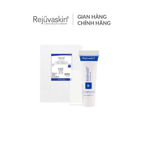 Bộ sản phẩm Rejuvaskin chống sẹo và làm mờ sẹo - Gel Rejuvasil 10ml và miếng dán Scar FX 5x10cm, giúp cải thiện tình trạng da sẹo hiệu quả.