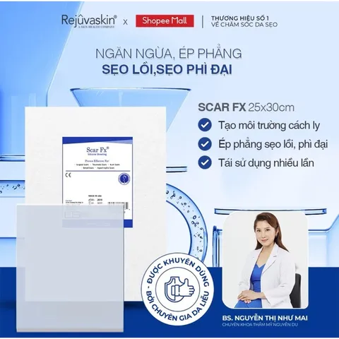 Miếng Dán Sẹo Lồi Scar FX 25x30cm Rejuvaskin - Giúp Làm Mờ và Xẹp Sẹo Phì Đại, An Toàn cho Mọi Loại Da, Sản Xuất tại Mỹ