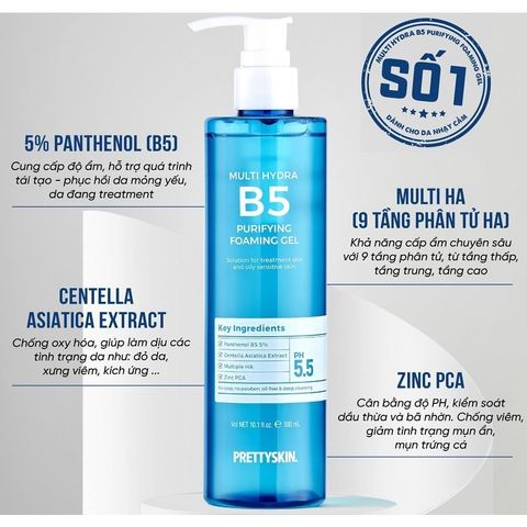 Gel Rửa Mặt PrettySkin Multi Hydra B5 300ml - Sữa Rửa Mặt Làm Sạch Sâu, Cấp Ẩm, Kiểm Soát Dầu Chuyên Sâu cho Da Nhạy Cảm