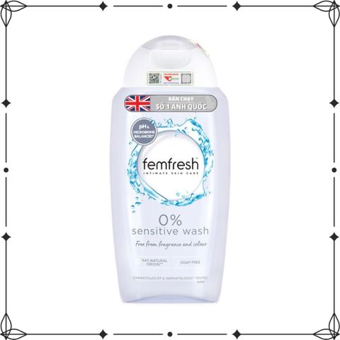 Dung dịch vệ sinh phụ nữ Femfresh 0% Sensitive Wash 250ml - Sạch sẽ, nhẹ nhàng cho da nhạy cảm, thuần chay, dưỡng ẩm, tươi mát 24h