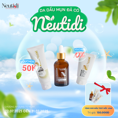 Combo Neutidi Chăm Sóc Da Dầu Mụn - Sữa Rửa Mặt, Serum Niacinamide và Gel Dưỡng Ẩm - Giảm Mụn, Se Khít Lỗ Chân Lông, Tái Tạo Da
