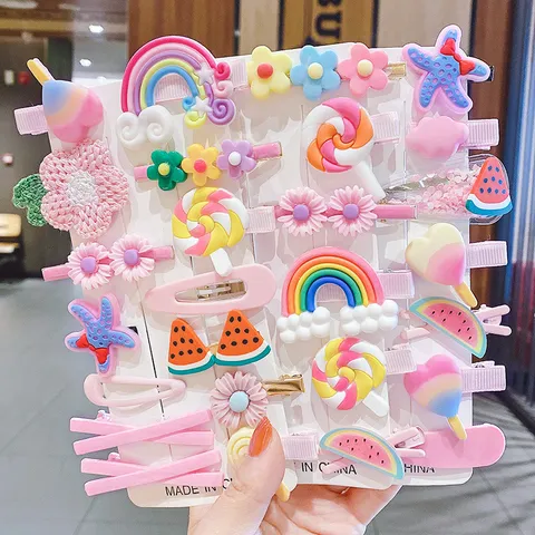 Set Kẹp Tóc  Cho Bé Gái 14 Chi Tiết Mẫu Mới Màu Tím Nhiều Họa Tiết Hoạt Hình Đáng Yêu