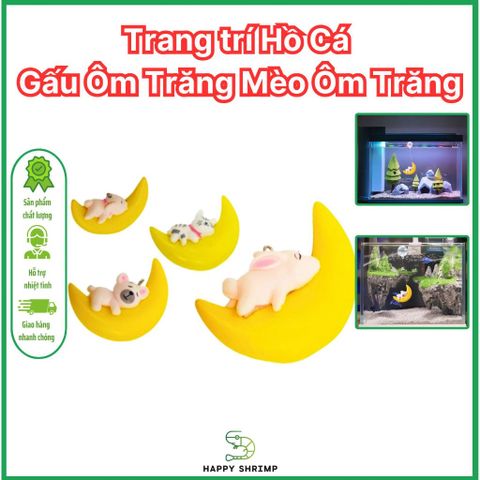 Trang trí Hồ Cá Gấu Ôm Trăng và Mèo Ôm Trăng - Phụ Kiện Dễ Thương Cho Bể Cá Thủy Sinh, Chất Liệu Resin An Toàn