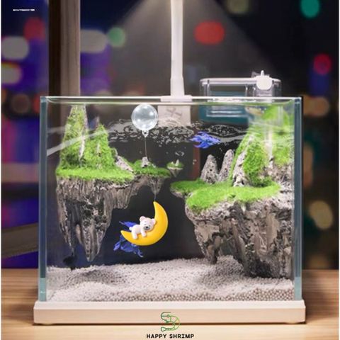 Trang trí Hồ Cá Gấu Ôm Trăng và Mèo Ôm Trăng - Phụ Kiện Dễ Thương Cho Bể Cá Thủy Sinh, Chất Liệu Resin An Toàn