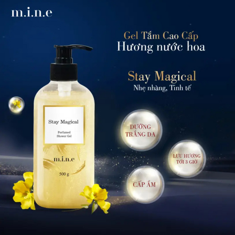 Gel tắm cao cấp Mine Stay Magical 500g - Saffron và tơ tằm giữ ẩm, hương nước hoa quyến rũ, chăm sóc da hoàn hảo cho phụ nữ