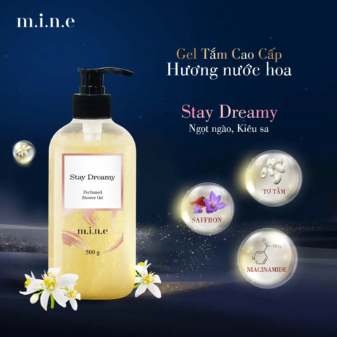 Gel tắm Mine Stay Dreamy - Sữa tắm hương nước hoa cao cấp 500g, làm sạch & giữ ẩm, mang lại cảm giác tươi mới & quyến rũ.