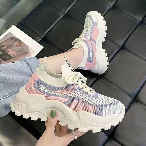 Giày thể thao nữ sneaker buộc dây Hàn Quốc thời trang, đế cao màu đen hồng, giày đi học và đi chơi V350