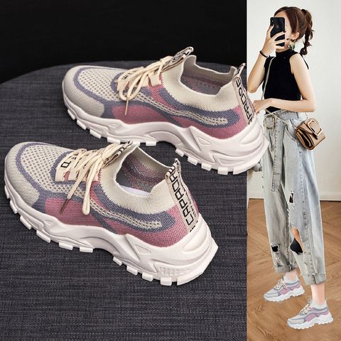 Giày thể thao nữ sneaker buộc dây Hàn Quốc thời trang, đế cao màu đen hồng, giày đi học và đi chơi V350