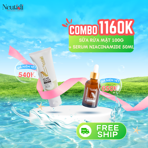 Combo Chăm Sóc Da Dầu Mụn NEUTIDI - Sữa Rửa Mặt & Serum Niacinamide 10% Giúp Làm Sạch Sâu, Ngừa Mụn, Se Khít Lỗ Chân Lông